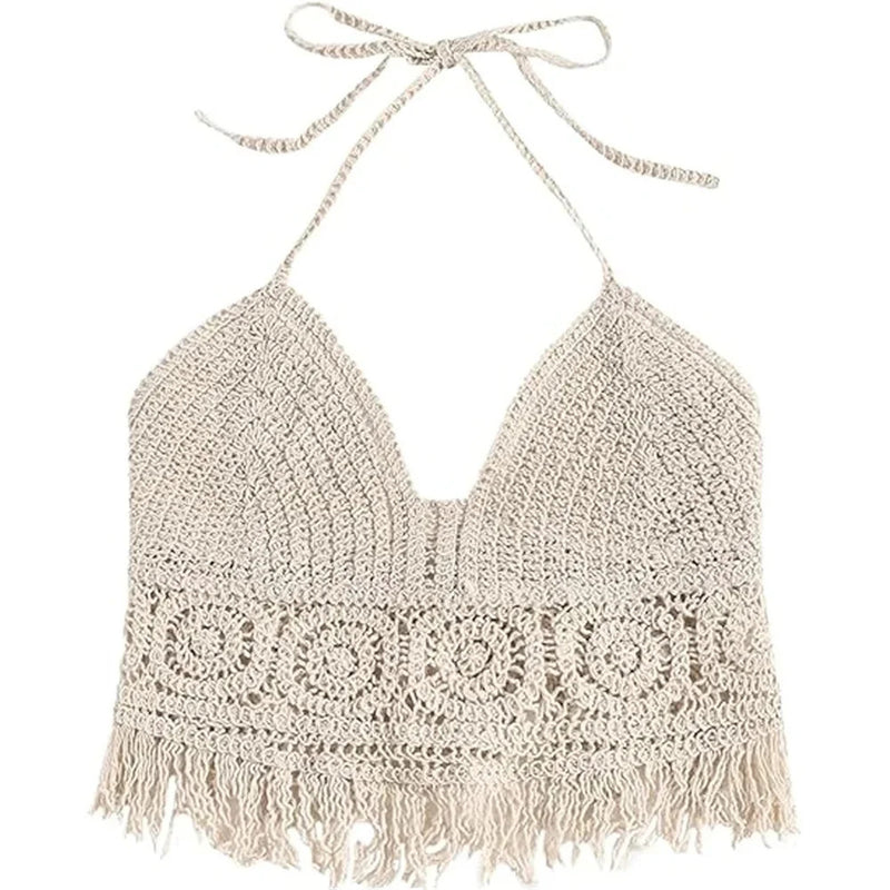 Women's Boho Fringe Backless Halter Tie Neck Underwear Outerwear with Neck Hanging Embroidery Tassel Suspender Vest Short Tank