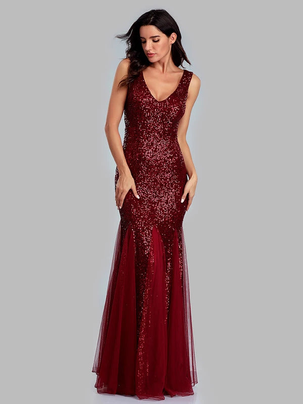 V-Neck Mermaid Dress with Shawl, Long Formal Prom Party Gown, Sequins Sleeveless, Sexy Evening Dress, Plus Size