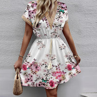 2024 New European and American Spring/Summer Printed Bat Sleeves Lace V-Neck Waist Wrap Short Sleeve Medium Length Dress