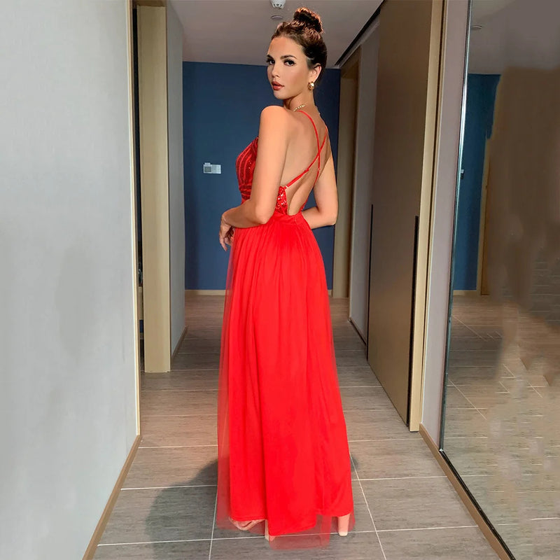 Sexy backless slip Sequin corset maxi summer dress women mesh long bodycon red Christmas party dress bridesmaid evening dresses