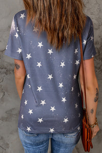 Blue Starry Bleached AMERICA Bowknot Graphic T Shirt