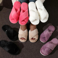 Fashion Cross Strap Fur Slippers Women Indoor Light Warm Plush Home Slippers Woman Faux Fur Flat Heel Couple Slides Plus Size 43