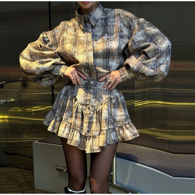 Plaid Skirt Sets Women Lapel Lantern Sleeve Single Breasted Shirt Ruffle Hem Mini Skirt Female 2025 Spring Fashion 2 Pieces Set