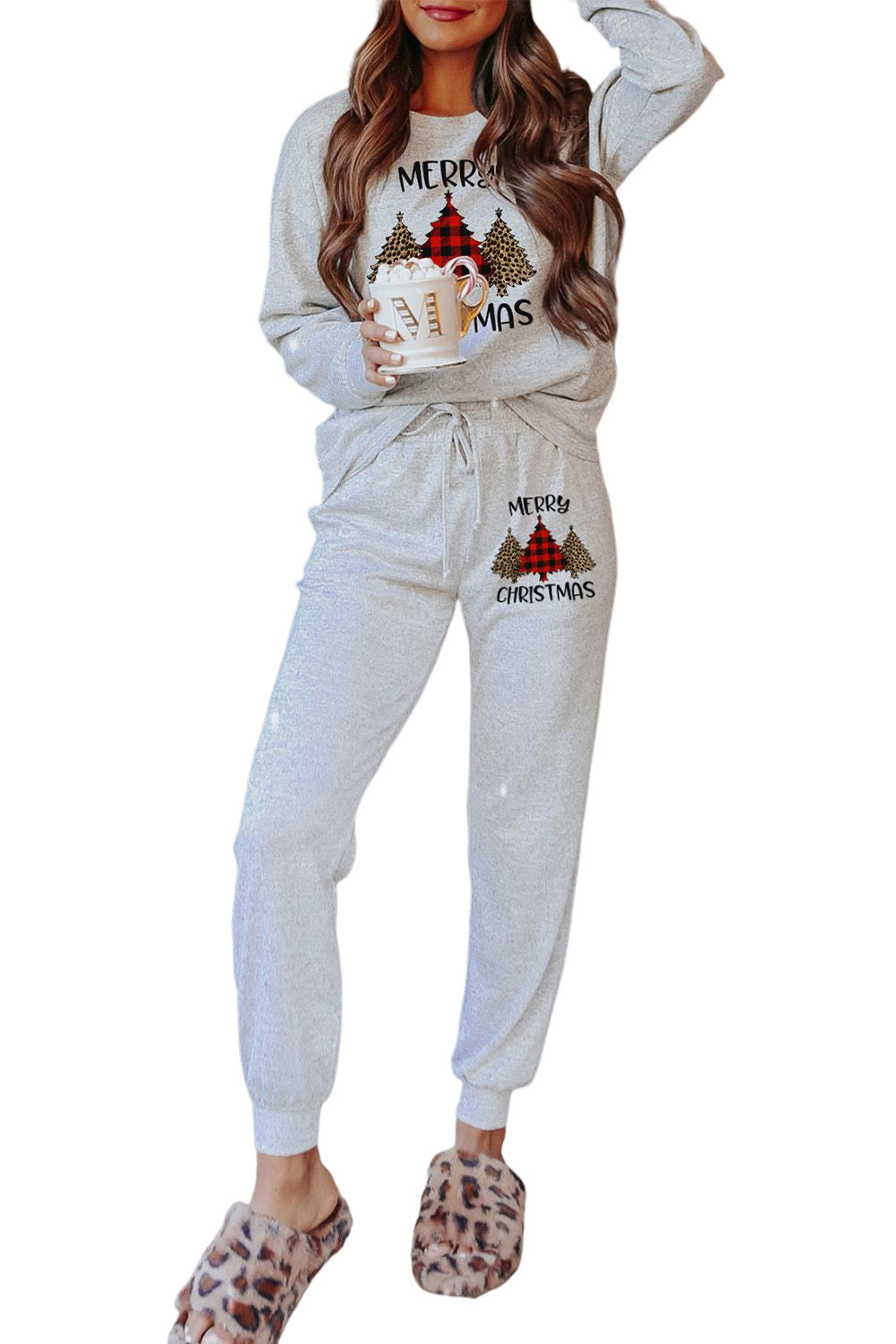 Gray Merry Christmas Trees Print Two Piece Loungewear