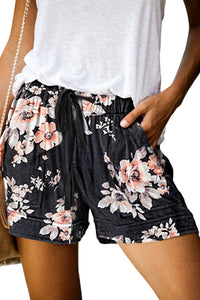 Green Leaves Print Drawstring Casual Elastic Waist Pocketed Shorts