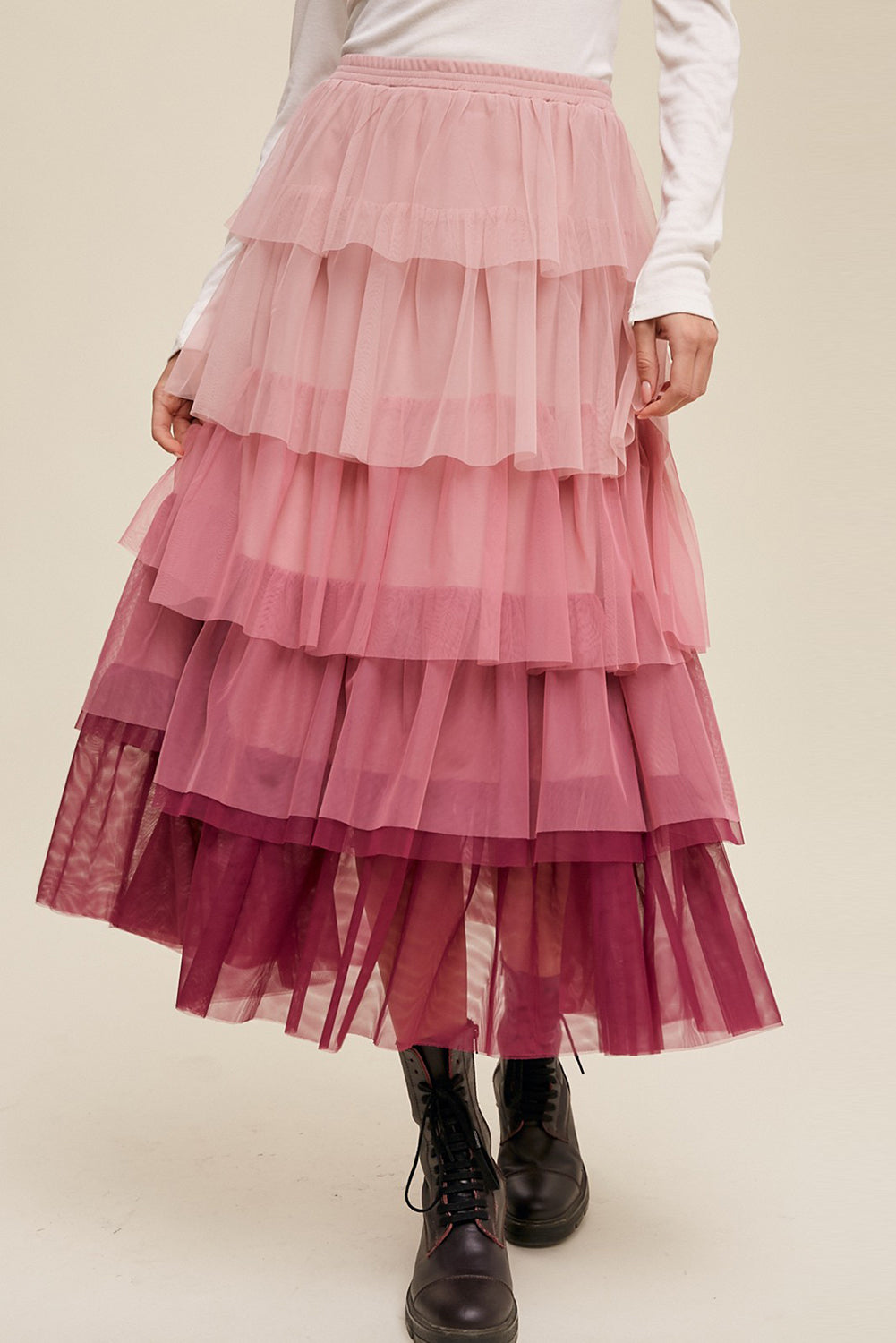 Pink Gradient Ruffle Tiered Mesh Maxi Skirt