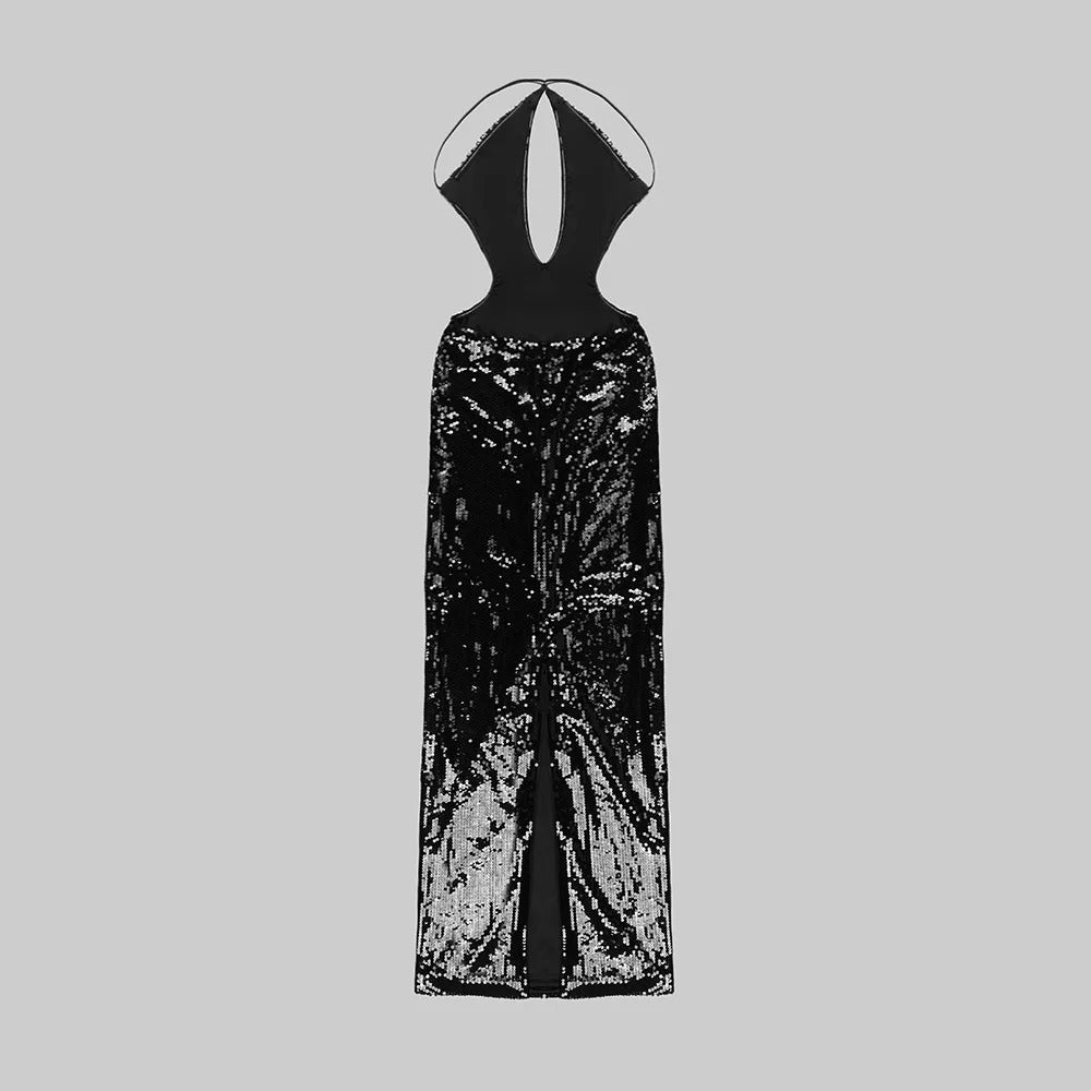 Women Summer Luxury Sexy Backless Halter Black Mesh Sequins Maxi Long Gowns Dress Elegant Sparkly Evening Party Club Dress