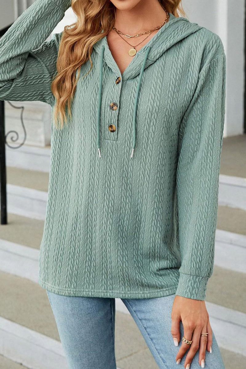 Mint Green Button Front Textured Drawstring Hooded Long Sleeve Top