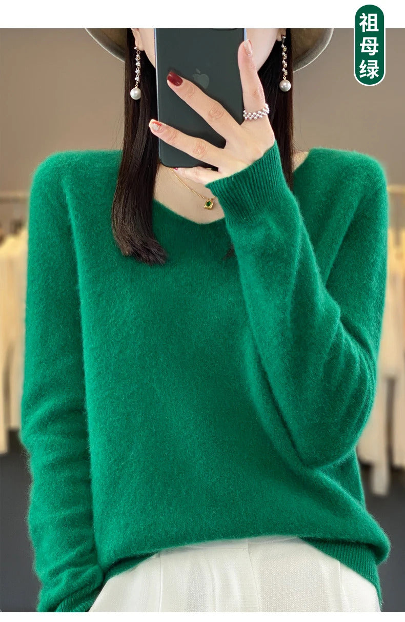 100% pure wool cashmere sweater women's V-neck pullover casual knit top autumn and winter women's coat Korean fashion