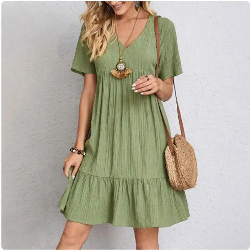 Women Summer Peplum Dresses Spring V-Neck Short Sleeve Loose Waist Ruffle Fit Flare Vocation Dresses