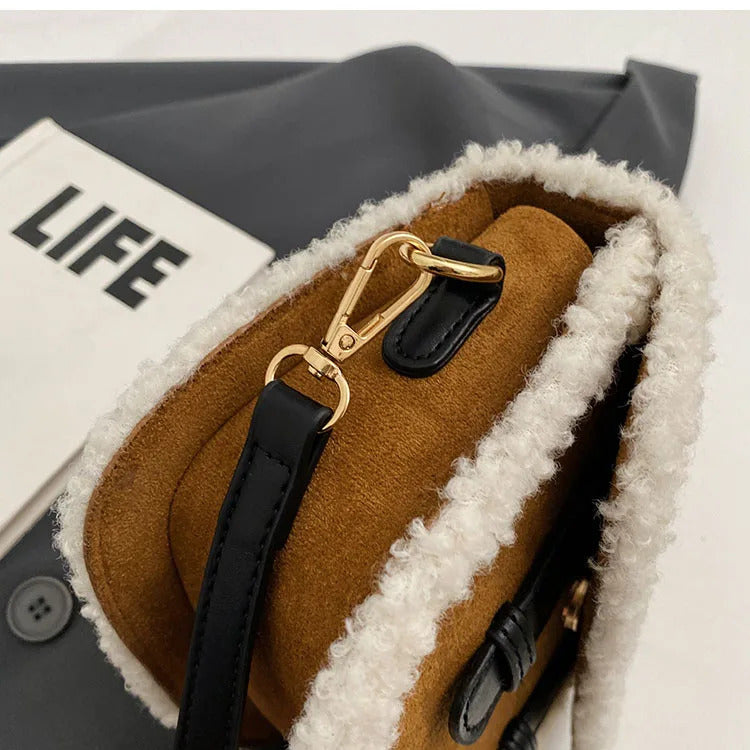 2023 Winter New Women's Plush Small Square Bag Color Contrast Design Single Shoulder Crossbody Bag Brown Handbag