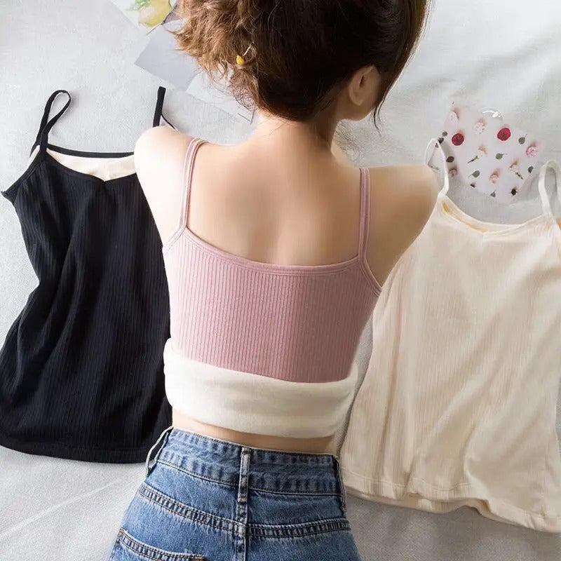 Women Winter Warm Underwear Solid Color Thermal Casual Nightwear Sexy Elasticity Female Thin Velvet T-shirt Sleeveless Tops