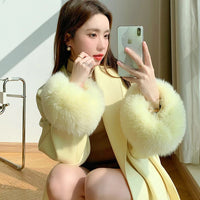 Natural Fox Fur Cuffs Wrist Arm Warmer Women Jacket Coat Sleeve Fur Triming Ladies Bracelet Real Fur Wristand Glove Snap Ring