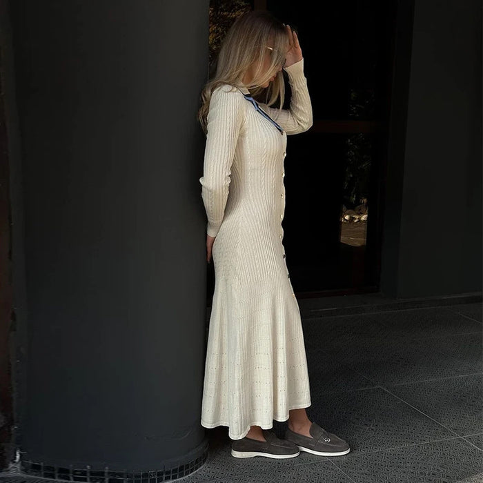 Contrast Knitted Dress Women Elegant Embroidery Lapel Long Sleeve Midi Dresses 2024 Autumn Winter Casual Single Breasted Vestido