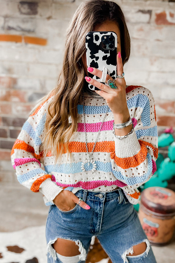 Tan Striped Hollowed Knitted Loose Sweater