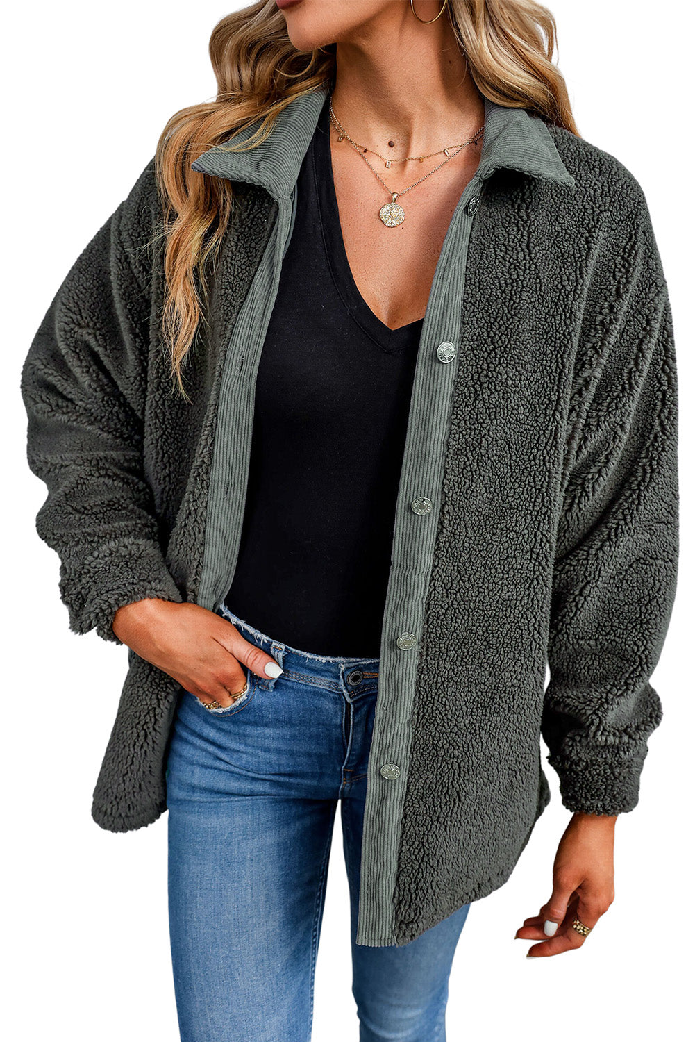 Gray Corduroy Trim Elbow Patch Sherpa Jacket