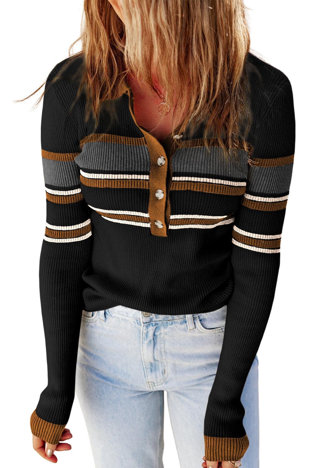 Black Rib Knitted Stripe Detail Henley Sweater