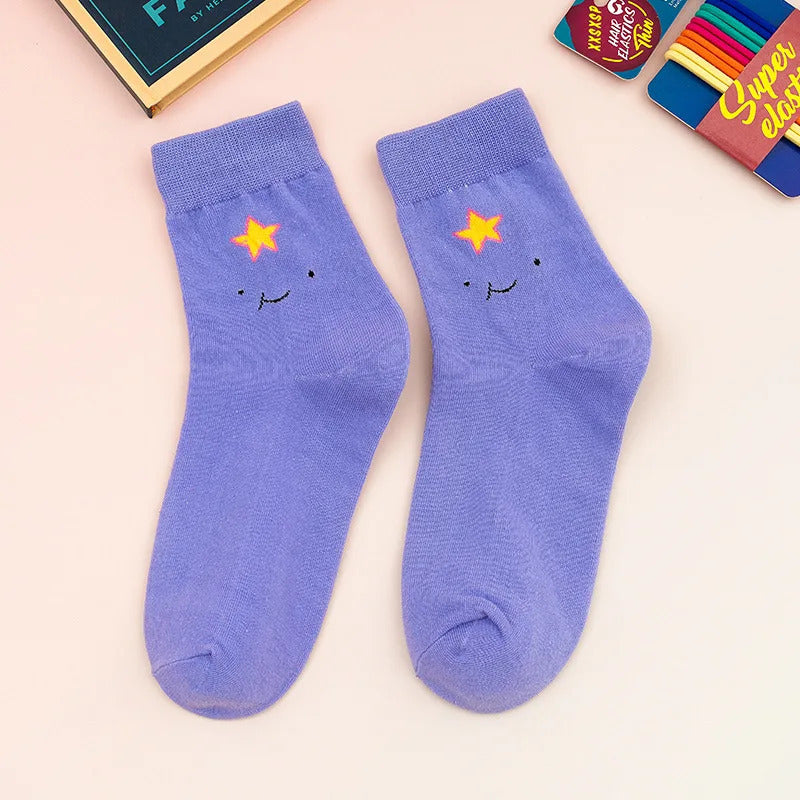 5 Pairs/Set Cartoon Funny Cute Patterned Women Socks Ins Candy Coloured Socks Suit In All Seasons For Daily