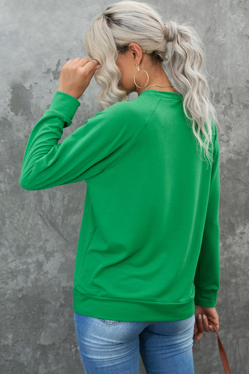 Green Lucky Glitter Graphic Raglan Sleeve Pullover Sweatshirt