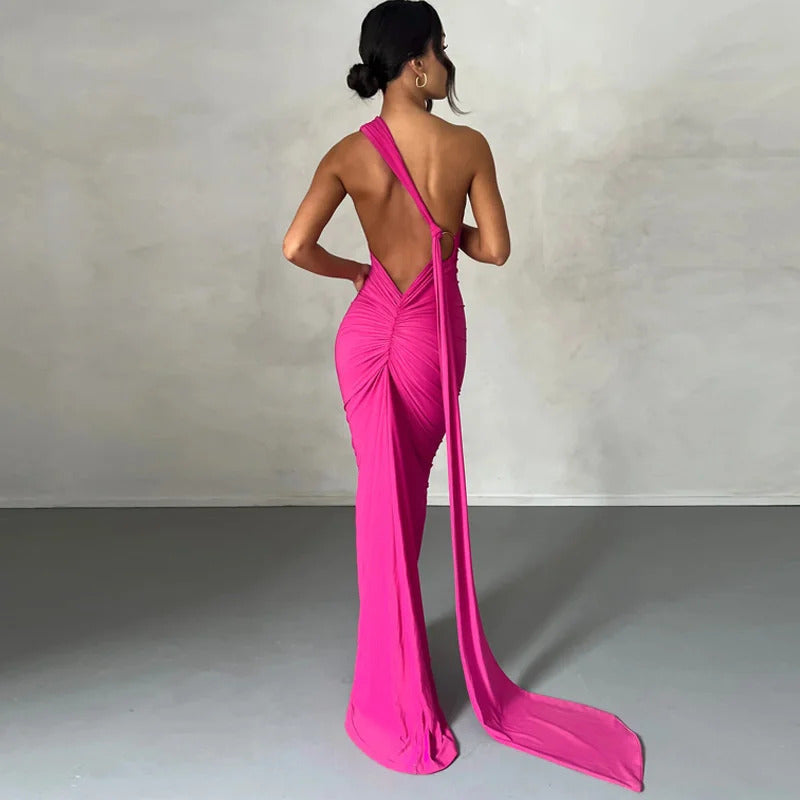 Mozision Oblique Shoulder Backless Maxi Dress For Women Gown Summer Back Strap Sleeveless Ruched Party Sexy Long Dress Vestidos