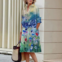 Floral Pattern Shirt Dress Elegant Women's Summer Casual Lapel Long Sleeve Midi Dress High Temperament Fashion Street Shirt