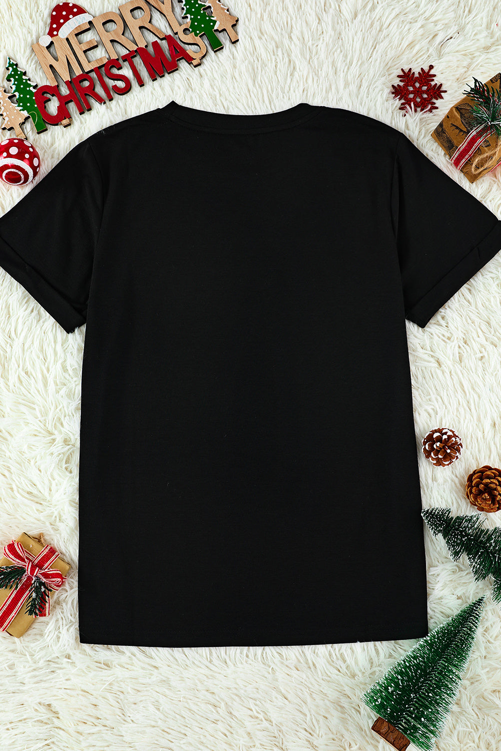 Black Merry Christmas Tree Pattern Graphic Tee