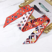 2024 Spring Border New Geometric Diamond Small Flowers Women's Decorative Small Silk Scarf Bundle Bag Handle Ribbon Small Scarf