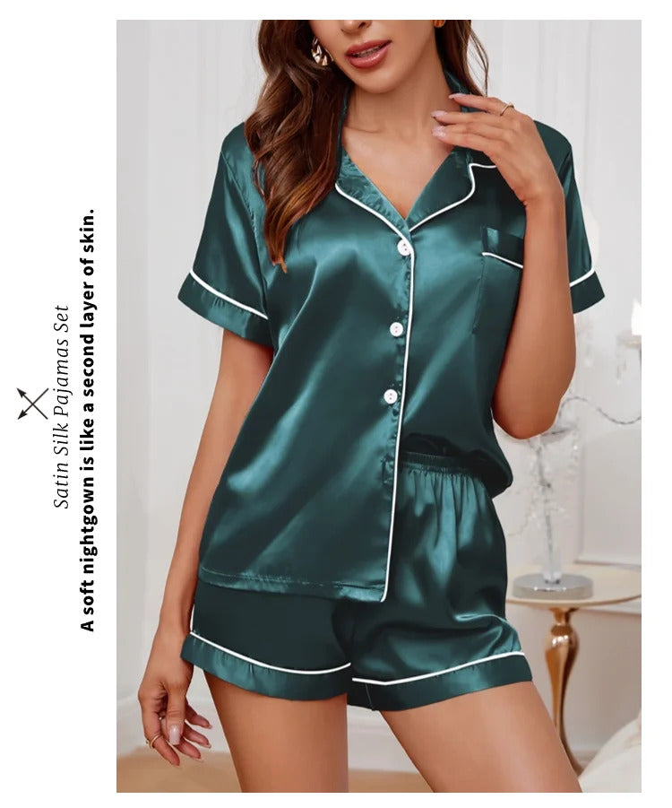 Womens Satin Pajamas Set Luxurious Short Sleeve Turn-down collar Button Top & Shorts Sleepwear & Loungewear for Summer Nightwear