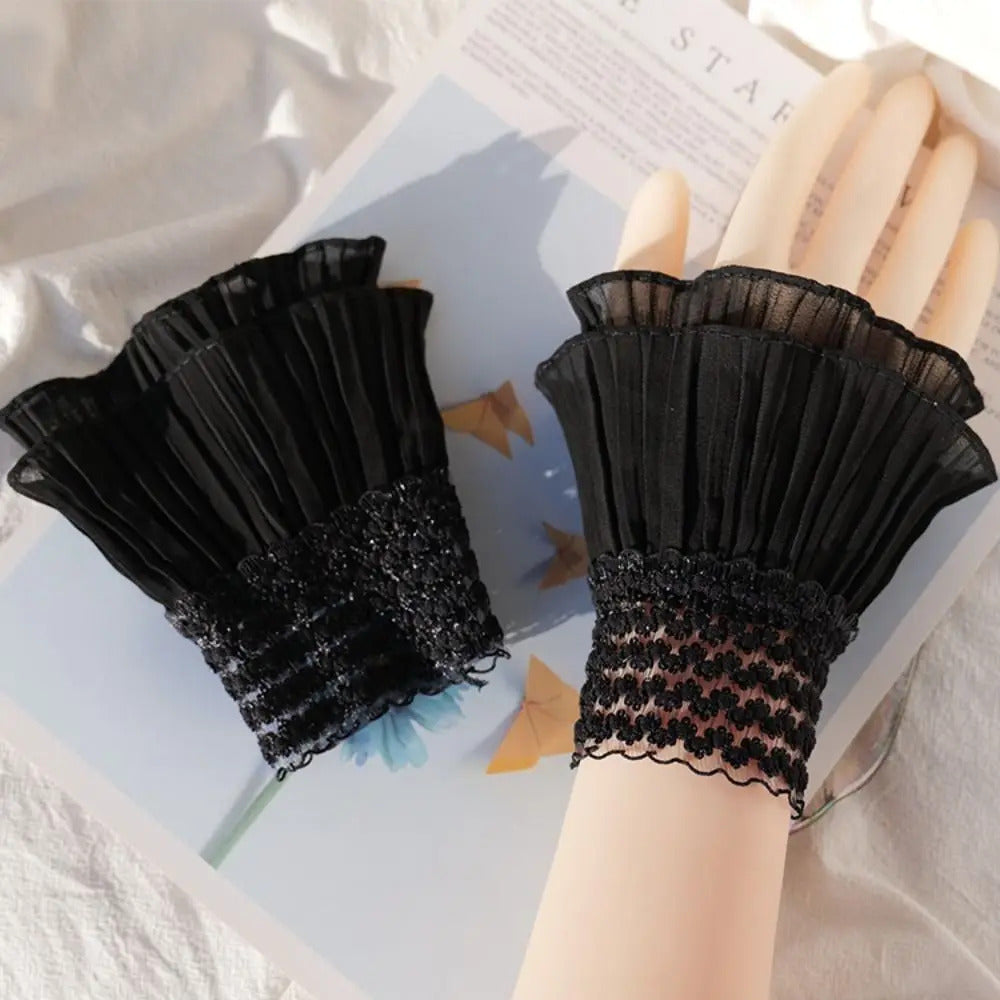 1Pair Detachable Cuffs Lace Mesh Fake Flared Sleeves Women Pleated Flare Sleeve Ruffles Wristband Decorative Accessories