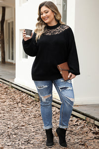 Black Plus Size Ribbed Knit Lace Splicing High Neck Sweater