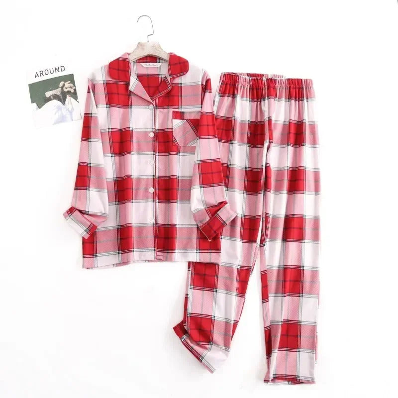 Cotton Flannel Women's Long Pants Pajamas Sets for Sleepwear Plaid Design Loose Autumn and Winter Long Sleeve Trouser Suits