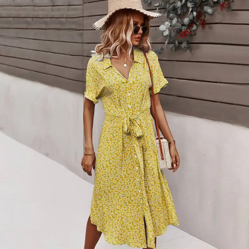 Summer Women Floral Print Dress Casual Short Sleeve Button Holiday Midi Dresses Female V-Neck Beach Boho Chic Dress Elegant Robe