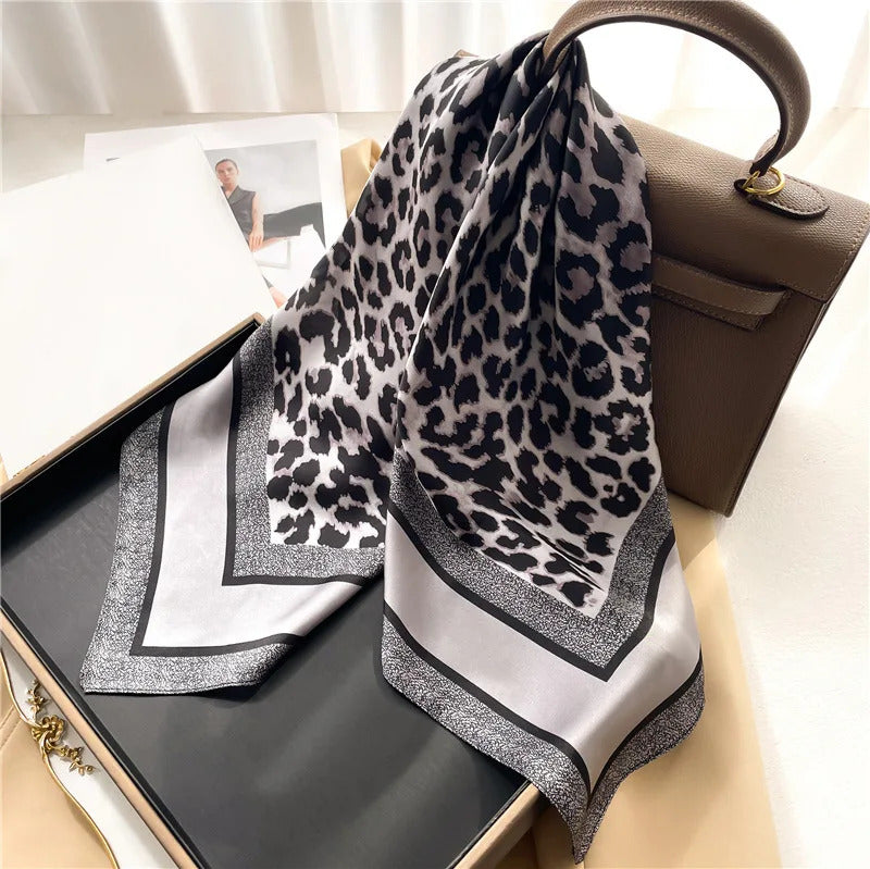 Fashionable 70*70cm Leopard Print Scarf For Women Spring/summer Soft Satin Borders Square Bandana Sun Protection Shawls