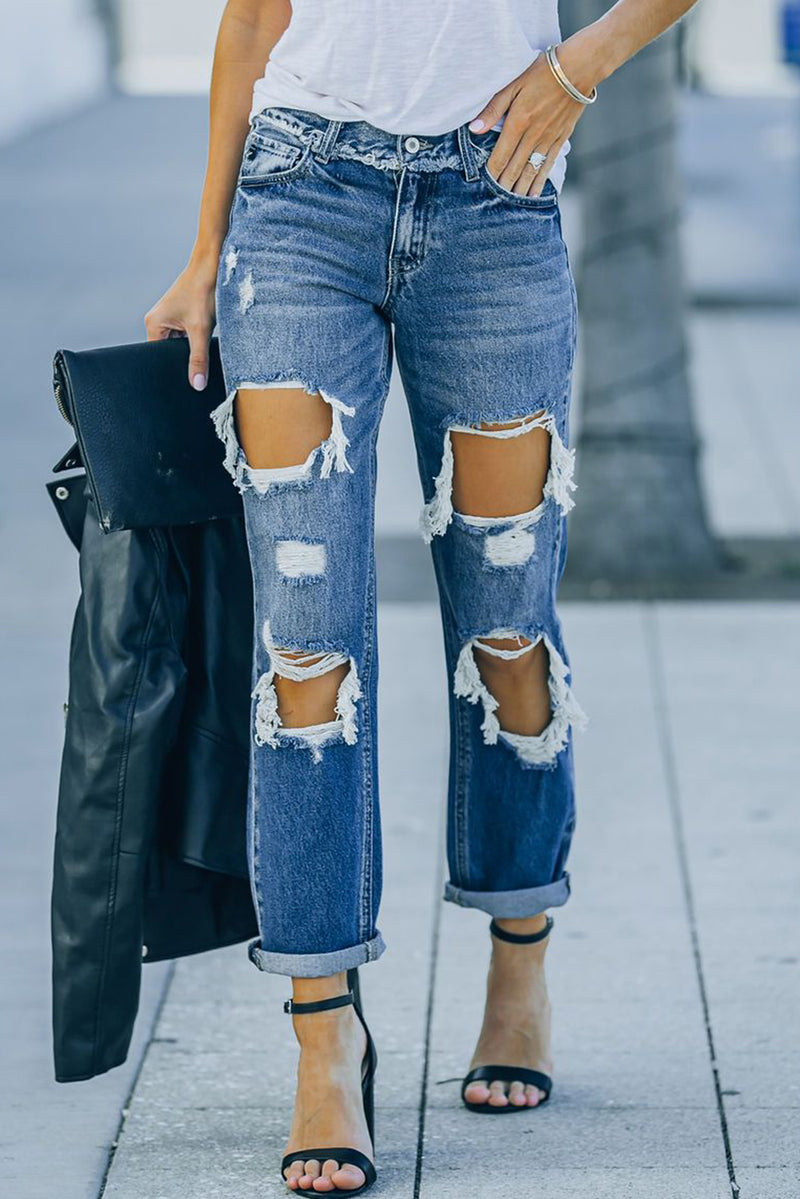 Sky Blue Cut Out Straight Leg Distressed Boyfriend Jeans