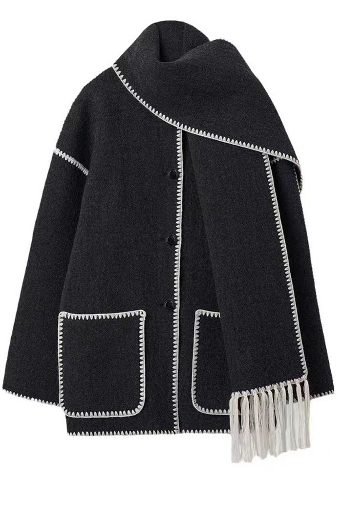 Women's fashionable woolen coat thickened loose with scarf tassels