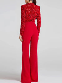 Embroidery Lace Red Jumpsuits Women Sexy Slim Long-sleeved Belt High Waist Jumpsuit Female 2024 INS Casual Lady Party Rompers