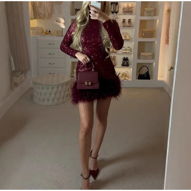 Elegant Sequins Feather Patchwork Dress Christmas Slim O-neck Long Sleeve Short Party Dresses 2024 Lady Shiny High Waist Robes