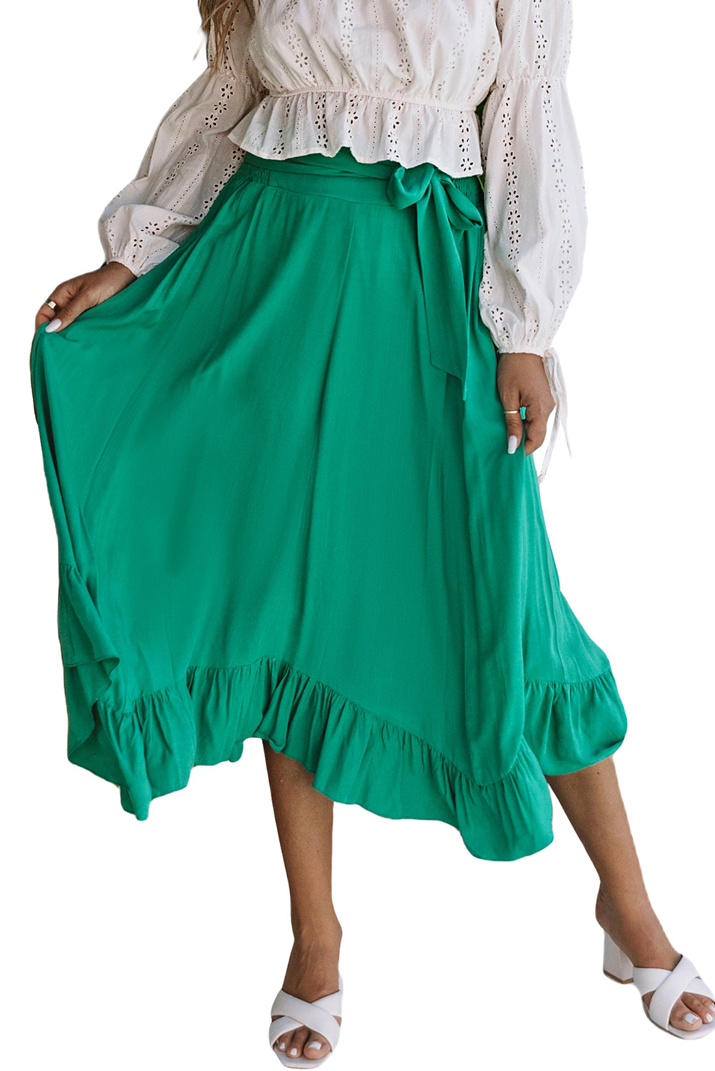 Green Asymmetric Flounce Belted High Waist Maxi Skirts