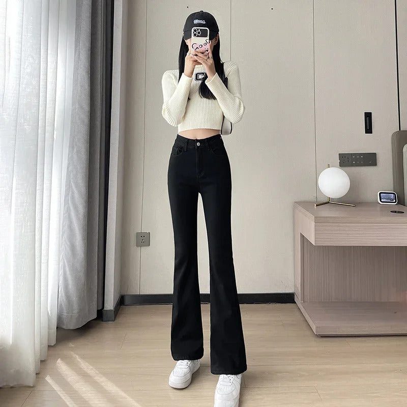 2023 Fashion New Women Warm Plush Flared Jeans Thermal Fleece Loose Denim Pants Female High Waist Urban Straight Flare Trouser