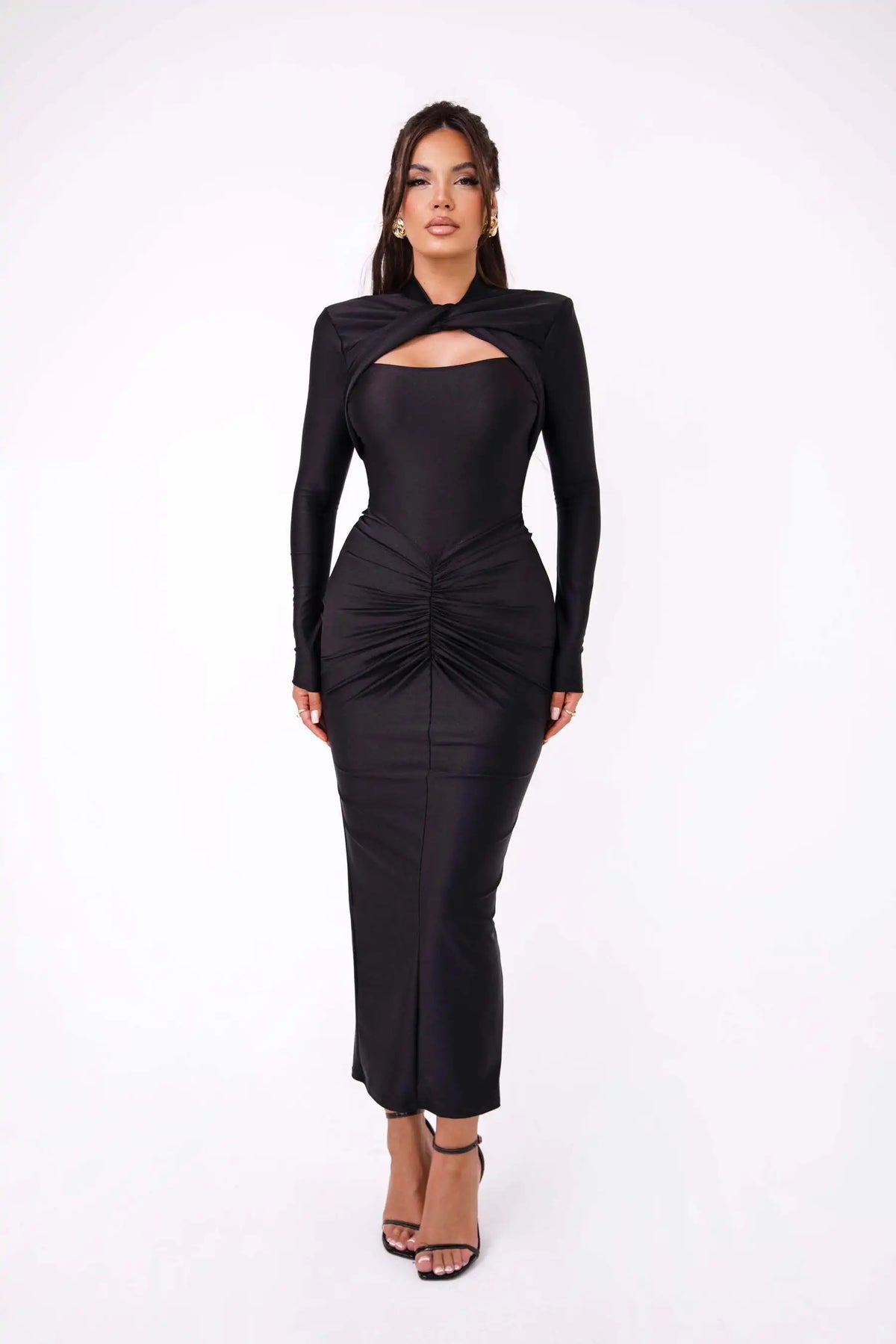 Articat Elegant Long Sleeved Elastic Tight Long Dress Women Bodycon Pleated Party Club Evening Dress Hollowed Out Slim Vestido