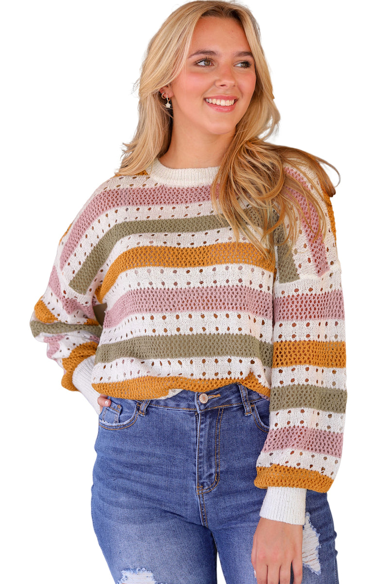 Tan Striped Hollowed Knitted Loose Sweater