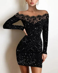 2024 New Spring Women's Fashion, Elegance, Leisure, Sexy Long sleeved Lace Edge, One Shoulder Silver Powder Sprinkled Dress