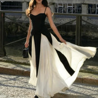 Sexy Women Contrasting Patchwork Sling Dress Elegant Slim Sleeveless Maxi Vestidos 2024 Summer Female Evening Party Robes