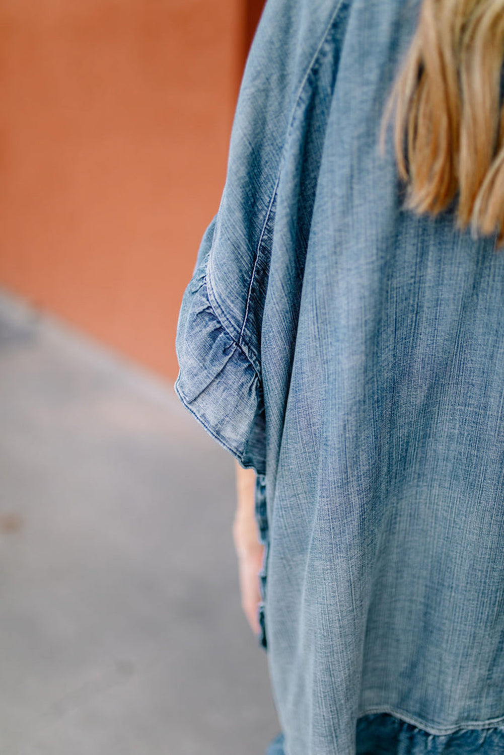 Dusk Blue Chambray Ruffle Hem Half Sleeve Open Loose Kimono