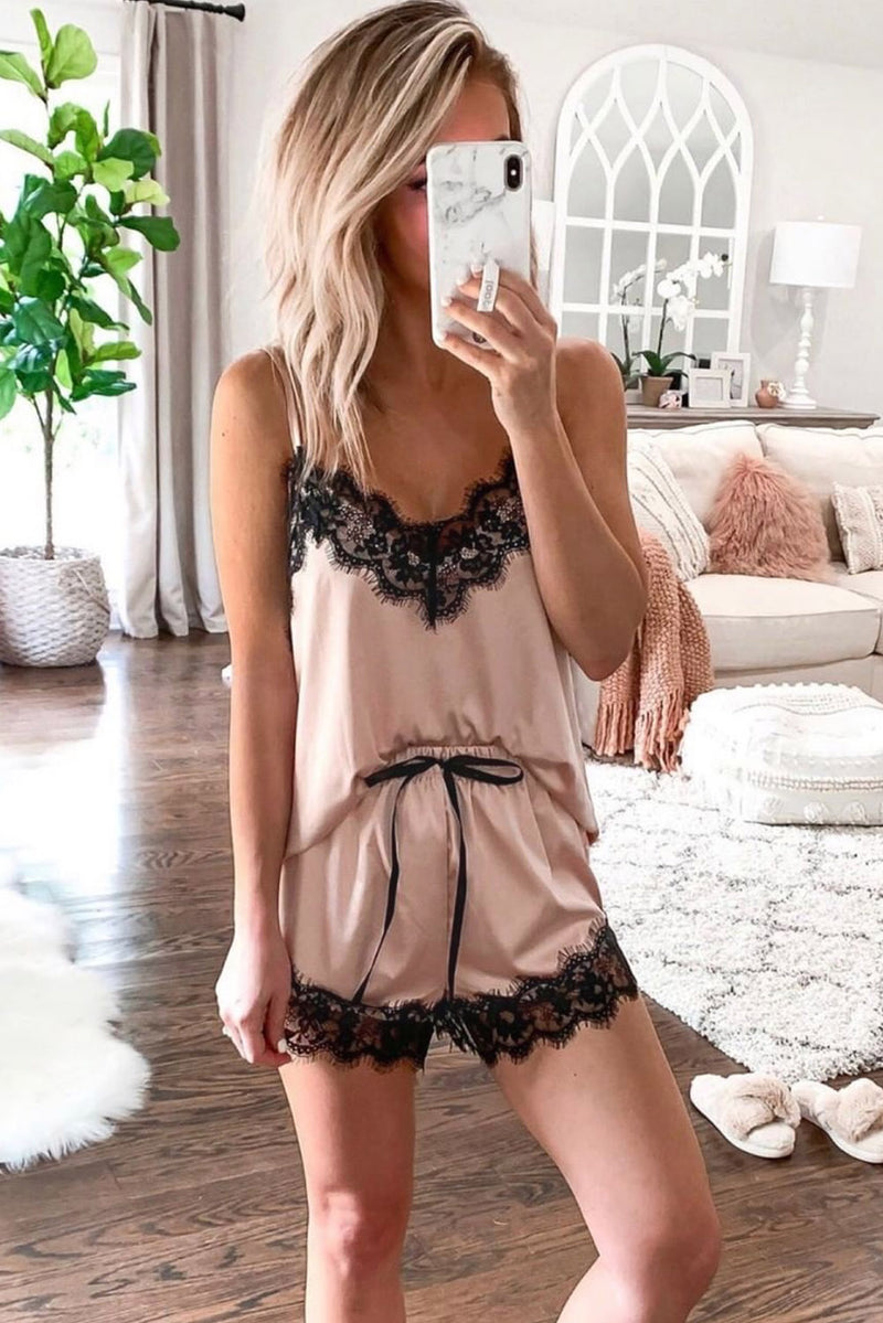 Apricot Lace Satin Sleepwear Cami Top and Shorts Pajama Set