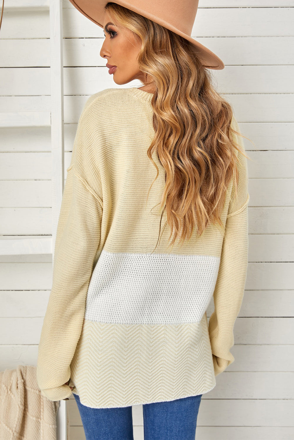 Brown Splicing Buttoned Knitted Long Sleeve Sweater