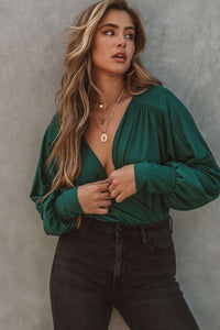 Green Ribbed Texture Drape Front V Neck Bodysuit