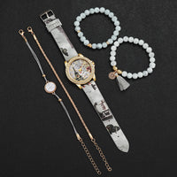 5PCS/Set Fashion Rhinestone Women's Watch Flowers Printed Leather Band Female Quartz Watches Bracelets Set（Without Box）