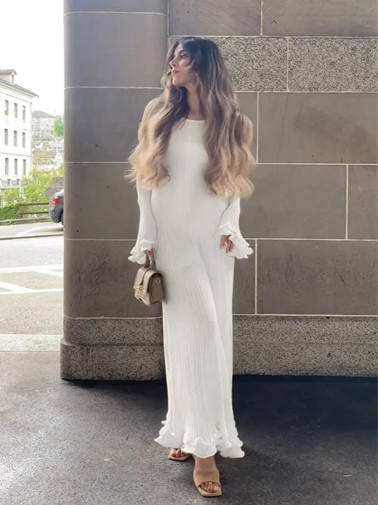 Elegant Solid Ruffles Knitted Dress For Women Loose O Neck Long Trumpet Sleeve Maxi Dresses 2024 New Female White Knitwear