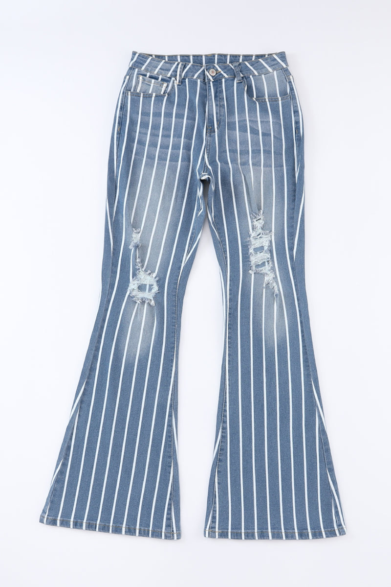 Sky Blue Vertical Striped Ripped Flare Jeans